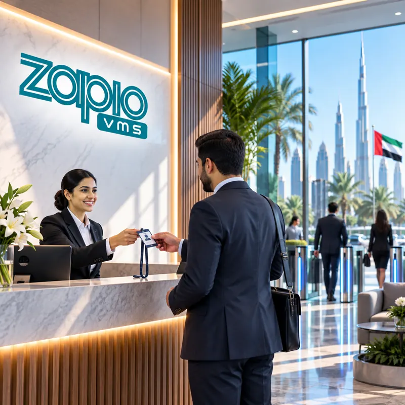 Receptionist welcoming a visitor with a Zapio VMS badge