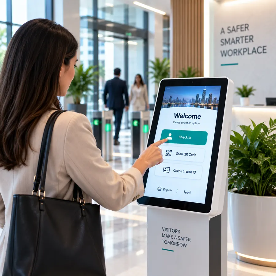 Visitor using a self-service check-in kiosk in a Dubai office