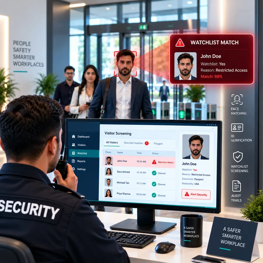 Security officer reviewing a watchlist match in a UAE office