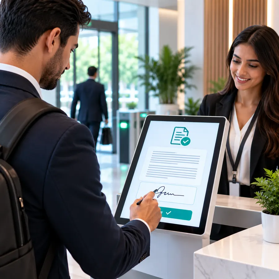 Visitor signing a digital NDA on a kiosk in Dubai