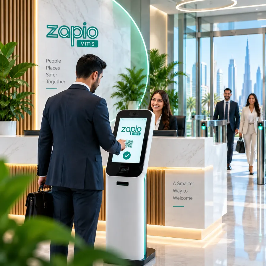 Visitor checking in at a Zapio VMS kiosk in a Dubai office lobby
