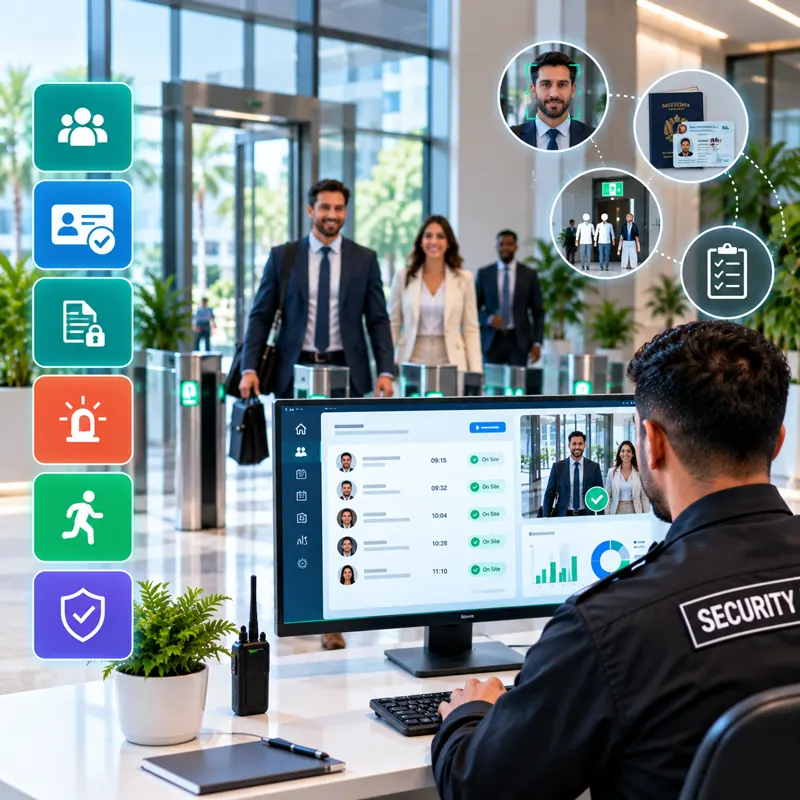 Security officer monitoring visitors on the Zapio VMS dashboard
