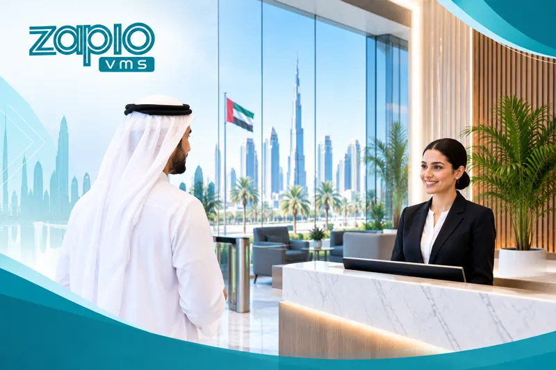 School receptionist welcoming visitors at a Zapio VMS kiosk